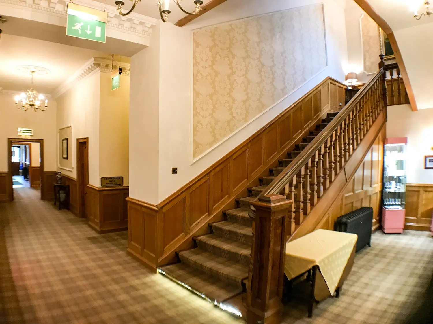 The historic staircase inside the Duke of Gordon Hotel